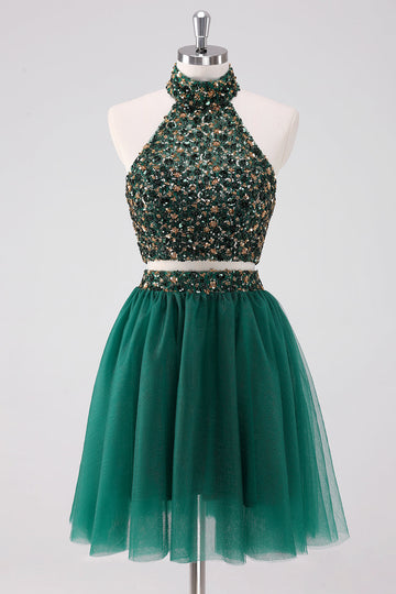 Vestido corto halter verde oscuro brillante con lentejuelas
